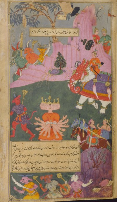 Het raksasa-leger vlucht bij het zien van Ravana die door Indra gevangen is genomen door Indian School