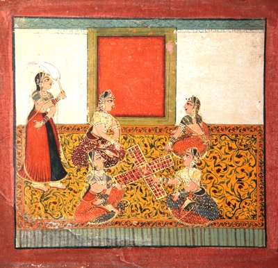 Vrouwen spelen Parcheesi, zittend op een geel patroonvloer, c.1725 door Indian School