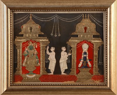Aanbidding van Vishnu en Shiva in de vorm van Shivalingam, Tanjavore School, eind 19e eeuw door Indian School