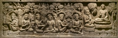 Arada Kalama geeft zijn onderricht aan de toekomstige Boeddha. Indonesië, Java, Borobudur. Eind 19e eeuw door Indonesian School