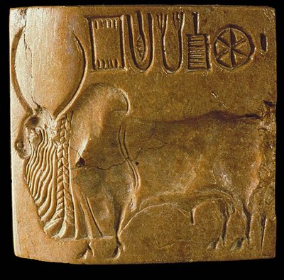 Zebu stier zegel met Indus schrift gevonden in Mohenjo Daro, Indusvallei, 3e millennium v.Chr. door Indus Valley Civilisation.