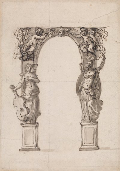 Ontwerp voor een tijdelijke boog versierd met putti en allegorische figuren van muziek en oorlog door Inigo Jones