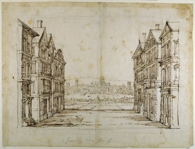 Engelse huizen met Londen en de Theems in de verte door Inigo Jones