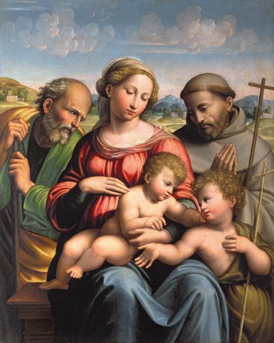Heilige Familie met de Heilige Johannes de Doper en Sint Franciscus door Innocenzo da Imola