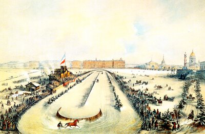 Paardenrennen op de bevroren Neva-rivier in Sint-Petersburg, Rusland, 1859 door Iosif Adolfovich Charlemagne