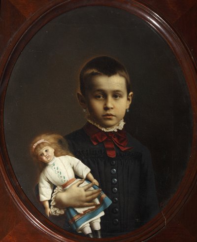 Portret van een meisje met pop in haar hand door Volkov, Iosif Petrovich (1854-na 1897) door Iosif Petrovich Volkov