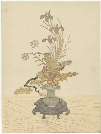 Ikebana bloemstuk in groene vaas door Ippitsusai Bunchô (manner of)