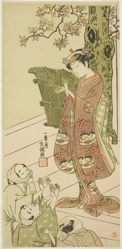 De Acteur Arashi Hinaji I, Mogelijk als Yuya Gozen in het Toneelstuk Ima o Sakari Suehiro Genji (De Genji Clan Nu op Zijn Hoogtepunt), Uitgevoerd in het Nakamura Theater vanaf de Eerste Dag van de Elfde Maand, 1768 door Ippitsusai Bunchō