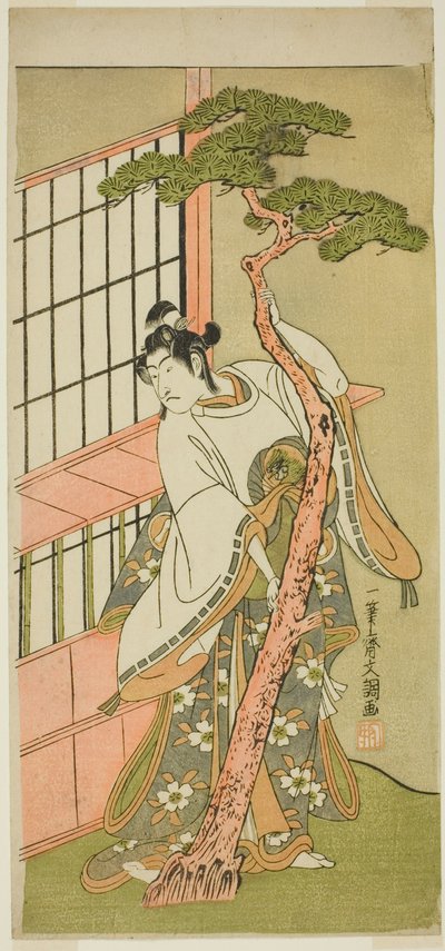De acteur Ichikawa Monnosuke II als Tsunewaka-maru in het stuk Iro Moyo Aoyagi Soga, opgevoerd in het Nakamura Theater in de tweede maand, 1775 door Ippitsusai Bunchō