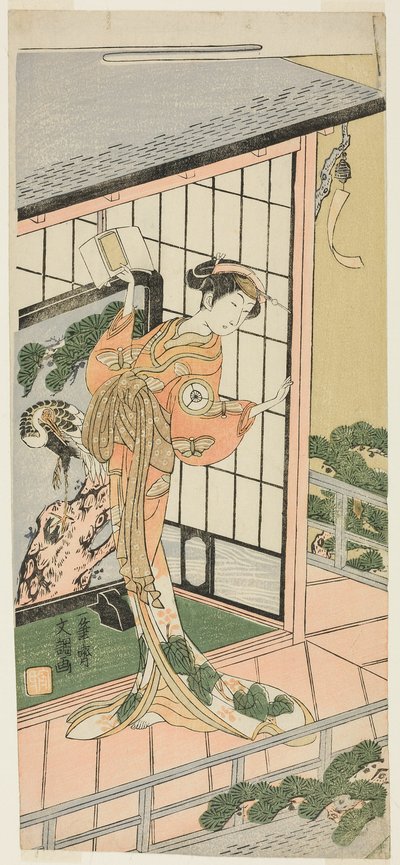 De acteur Iwai Hanshiro IV als Okaru in acte zeven van het toneelstuk Chushingura, uitgevoerd in het Morita Theater vanaf de derde dag van de vierde maand, 1769 door Ippitsusai Bunchō