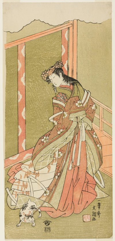De acteur Nakamura Noshio I als de derde prinses (Nyosan no Miya) in het stuk Fuki Kaete Tsuki mo Yoshiwara (Rethatched Roof: De maan schijnt ook over het Yoshiwara Pleasure District), uitgevoerd in het Morita Theater vanaf de eerste dag van de elfde maand door Ippitsusai Bunchō