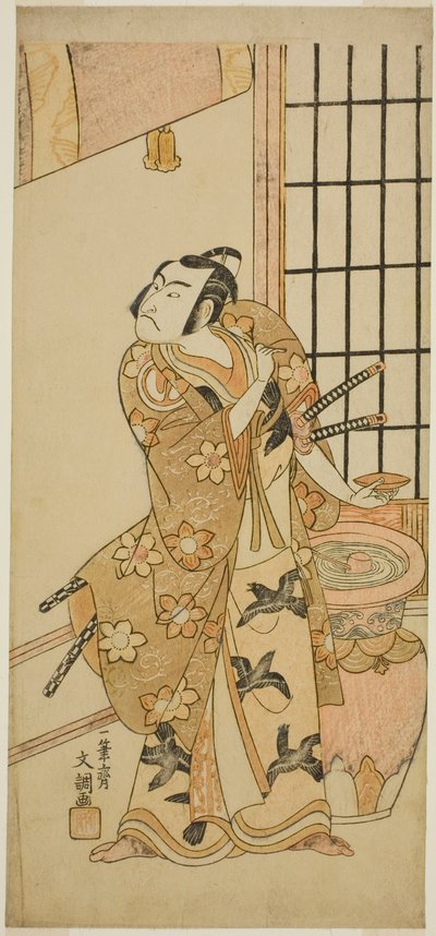 De Acteur Sawamura Sojuro II als Kudo Suketsune (?) in het Toneelstuk Edo no Hana Wakayagi Soga (?), Opgevoerd in het Ichimura Theater (?) in de Tweede Maand, 1769 (?) door Ippitsusai Bunchō