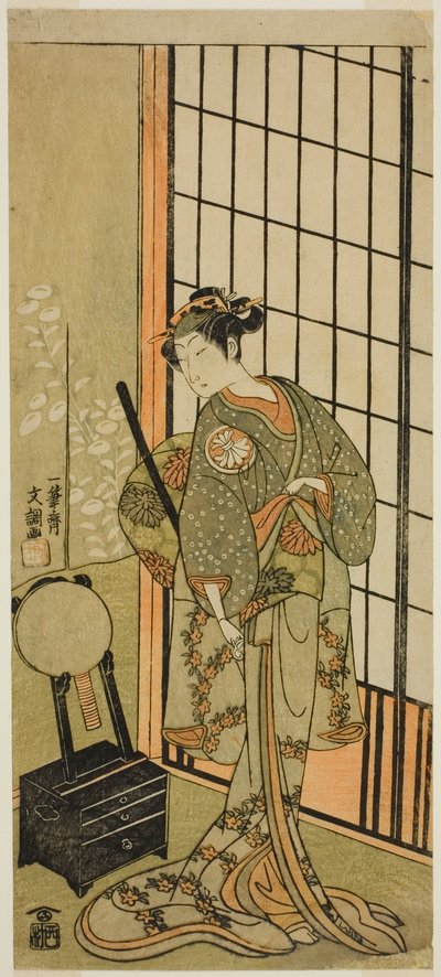 De acteur Segawa Kikunojo II als prinses Hitomaru in het stuk Soga Moyo Aigo no Wakamatsu, uitgevoerd in het Nakamura Theater in de eerste maand, 1769 door Ippitsusai Bunchō