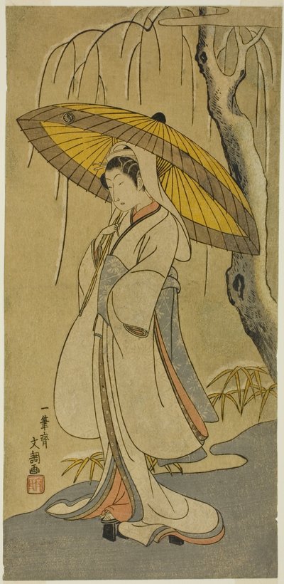 De acteur Segawa Kikunojo II als de Reigermaagd in het stuk "Katoenwatten van Izu die de huwelijkschrysanten beschermen (Myoto-giku Izu no Kisewata)," uitgevoerd in het Ichimura Theater vanaf de eerste dag van de elfde maand, 1770 door Ippitsusai Bunchō