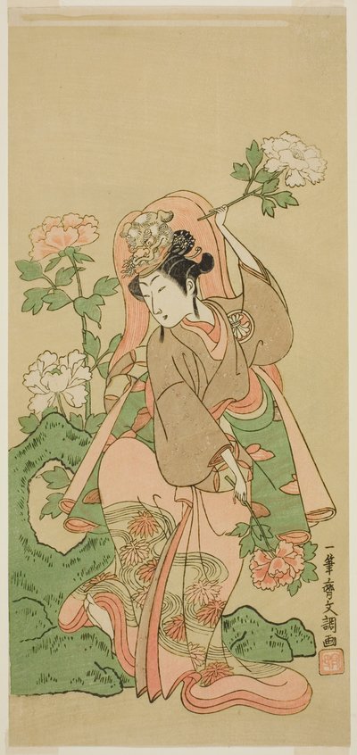 De Acteur Segawa Kikunojo II in Shakkyo Dans in het Toneelstuk Soga Moyo Aigo no Wakamatsu, Uitgevoerd in het Nakamura Theater in de Tweede Maand, 1769 door Ippitsusai Bunchō