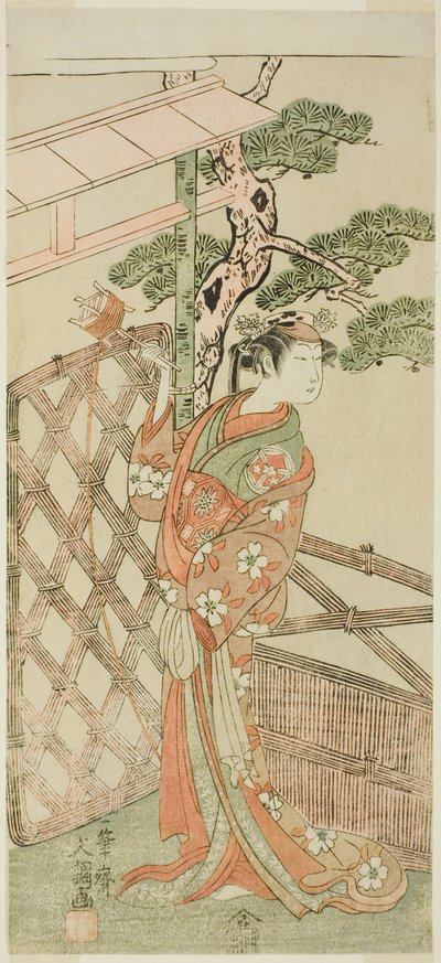 De acteur Yamashita Kinsaku II als Moshio, vrouw van Ito Sukekiyo, in het stuk Izu-goyomi Shibai no Ganjitsu, uitgevoerd in het Morita Theater in de elfde maand, 1772 door Ippitsusai Bunchō