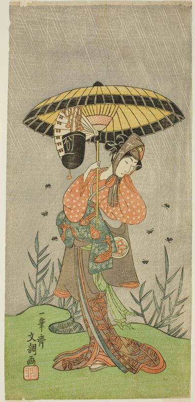 De acteur Yamashita Kinsaku II als Nijo no Kisaki (?) in het stuk Natsu Matsuri Naniwa Kagami (?), uitgevoerd in het Morita Theater (?) in de zevende maand, 1770 (?) door Ippitsusai Bunchō
