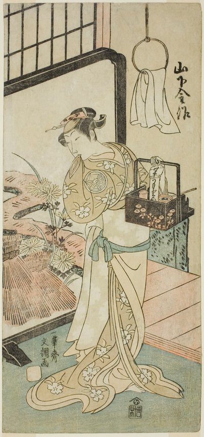 De acteur Yamashita Kinsaku II als Oume, vrouw van Kisaku, in het stuk Nue no Mori Ichiyo no Mato, uitgevoerd in het Nakamura Theater in de elfde maand, 1770 door Ippitsusai Bunchō