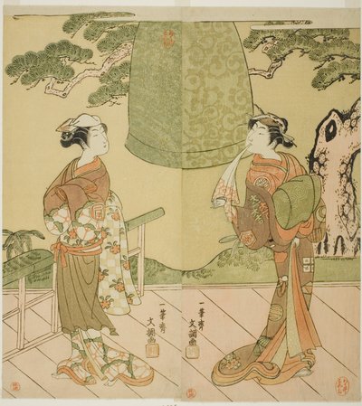 De Acteurs Ichimura Uzaemon IX als Shume no Hangan Morihisa (rechts), en Sanogawa Ichimatsu II als Chujo (links), in het stuk Edo no Hana Wakayagi Soga, opgevoerd in het Ichimura Theater in de tweede maand, 1769 door Ippitsusai Bunchō