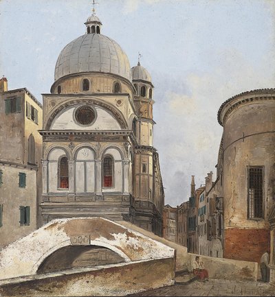 Uitzicht op de Maria dei Miracole en Santa Maria Nova kerken in Venetië door Ippolito Caffi