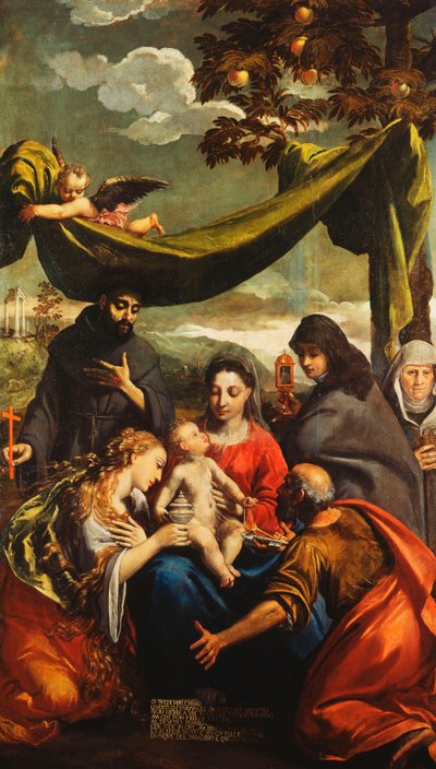 De Madonna en Kind met heiligen Maria Magdalena, Petrus, Clara en Franciscus en een portret van de abdis door Ippolito Scarsella