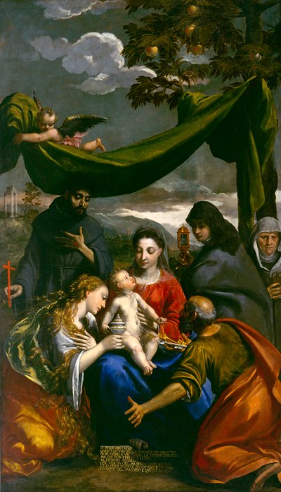 Maagd en Kind met Heiligen Maria Magdalena, Petrus, Clara, Franciscus en een Abdis, c.1600 door Ippolito Scarsella