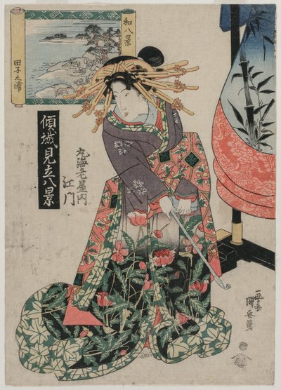 De courtisane Emon van Maruebiya met een uitzicht op Tago Bay..., ca. late 1820s of vroege 1830s door Ipposai Kuniyasu