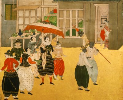 Details van het Namban byobu-scherm dat Portugese handelaren toont die Japan bezoeken tijdens de Momoyama-periode, 2005 (foto) door Ira Block