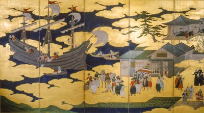 Samurai - Vouwscherm van Namban Byobus - Zuidelijke Barbaren - Een Portugees schip komt een Japanse haven binnen, 2005 door Ira Block