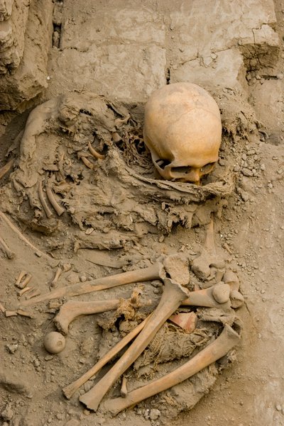 De vrouwelijke offer in de begrafenis met de mummiebundel in Huaca El Brujo., 2005 (foto) door Ira Block
