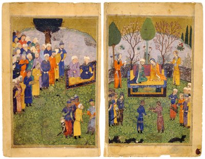 Een prinselijk paar met hovelingen in een tuin. Uit het Shahnama Boek der Koningen door Iranian Master