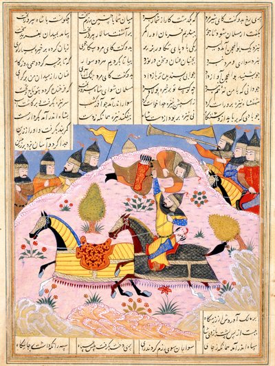 Malik tilt Abul Mihjan uit het zadel. Uit Khavarannama Het Boek van het Oosten van ibn Husam al-D door Iranian Master