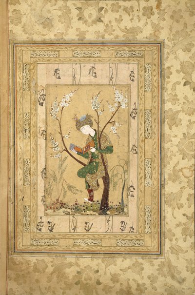 Jongere zittend in de vork van een bloeiende boom, 1560s door Iranian Master