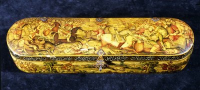 Een papier-maché pen doos, het deksel geschilderd met de slag bij Chaldiran door Iranian School