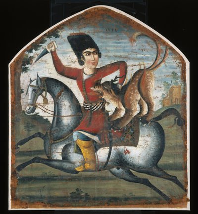 Jager te paard aangevallen door een mythisch beest door Iranian School