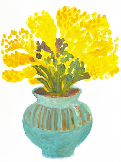 Gele bloemen in een blauwgroene vaas door Iria Fernandez