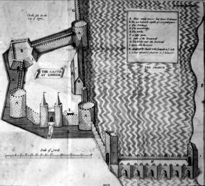 17e-eeuws plan van het kasteel van Limerick, Ierland door Irish School