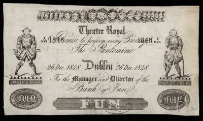 Advertentie voor een pantomime in het Theatre Royal, Dublin, gebaseerd op een bankbiljet van de Bank of Ireland door Irish School