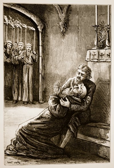 Dood van St. Columba, uit The Trias Thaumaturga, of Three Wonder-Working Saints of Ireland, door Mary Cusack, gepubliceerd ca. 1890s door Irish School