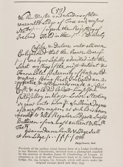 Oudste bekende certificaat (Iers) met een zegel van de Grand Lodge, 1762 door Irish School