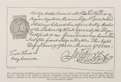 Facsimile van het oudste bekende certificaat uitgegeven onder het zegel van de Grand Lodge van Ierland, gedateerd 1762 door Irish School
