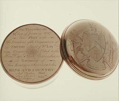 Vrijheidsdoos, gepresenteerd aan de Hon. T. Pakenham in 1797 door de Corporation of Smiths, gemaakt door James Keating, Dublin door Irish School