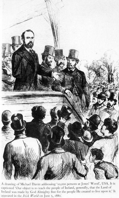 Michael Davitt spreekt 100.000 mensen toe in Jones Wood, VS, uit Irish World, 5 juni 1880 door Irish School