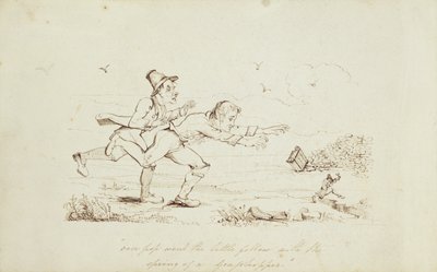Over Pop Ging de Kleine Kerel met de Sprong van een Sprinkhaan, boekillustratie die Twee Ieren Achtervolgen een Leprechaun toont, 19e eeuw door Irish School