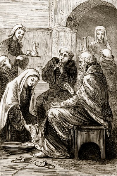 St. Brigit ontvangt een bisschop, uit The Trias Thaumaturga, of Three Wonder-Working Saints of Ireland, door Mary Cusack, gepubliceerd ca. 1890s door Irish School