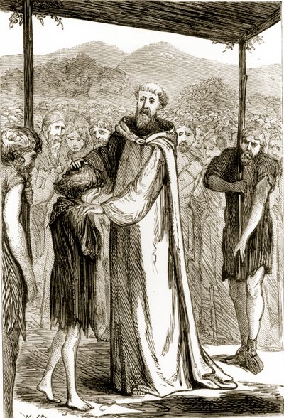 St. Columba zegent een wilde jongen, uit The Trias Thaumaturga, of Three Wonder-Working Saints of Ireland, door Mary Cusack, gepubliceerd ca. 1890s door Irish School