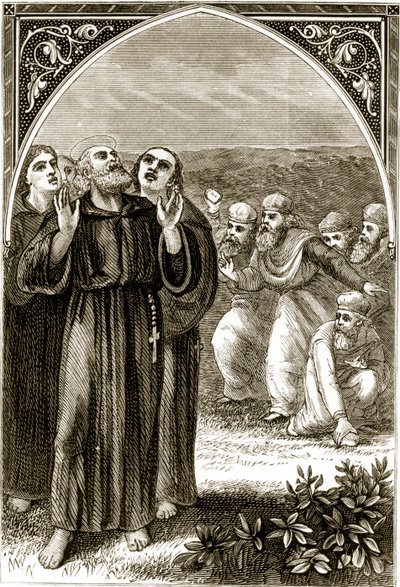 St. Columba zingt en wordt aangevallen door de Druïden, uit The Trias Thaumaturga, of Three Wonder-Working Saints of Ireland, door Mary Cusack, gepubliceerd ca. 1890s door Irish School