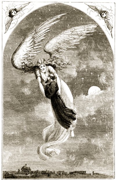 St. Patrick naar Rome gedragen door de engel, uit The Trias Thaumaturga, of Three Wonder-Working Saints of Ireland, door Mary Cusack, gepubliceerd ca. 1890s door Irish School