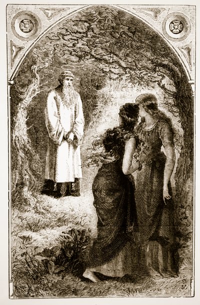 St. Patrick ontmoet maagden in het bos van Fochlut, uit The Trias Thaumaturga, of Three Wonder-Working Saints of Ireland, door Mary Cusack, gepubliceerd ca. 1890s door Irish School