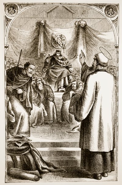 St. Patrick predikt in Tara, uit The Trias Thaumaturga, of Three Wonder-Working Saints of Ireland, door Mary Cusack, gepubliceerd ca. 1890s door Irish School